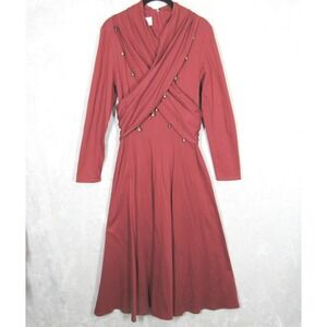 Vintage Oberon Midi Dress 6 Maroon Wrap Top Fit Flare Gold Bell Charms Cotton